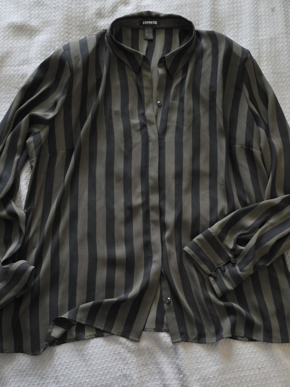 Express Women's Olive Green and Black Striped Button-Up Shirt